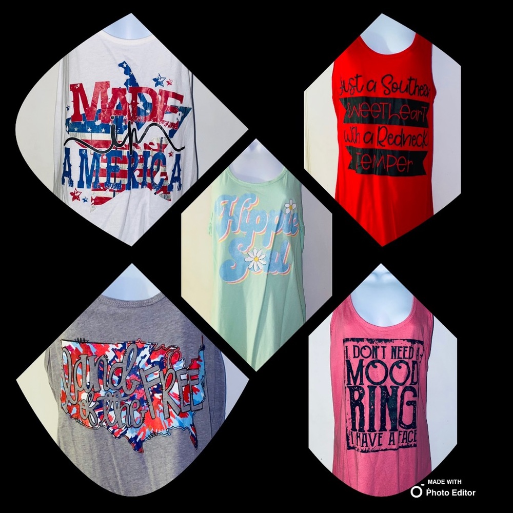 Hand pressed screen printed extra large tank tops.